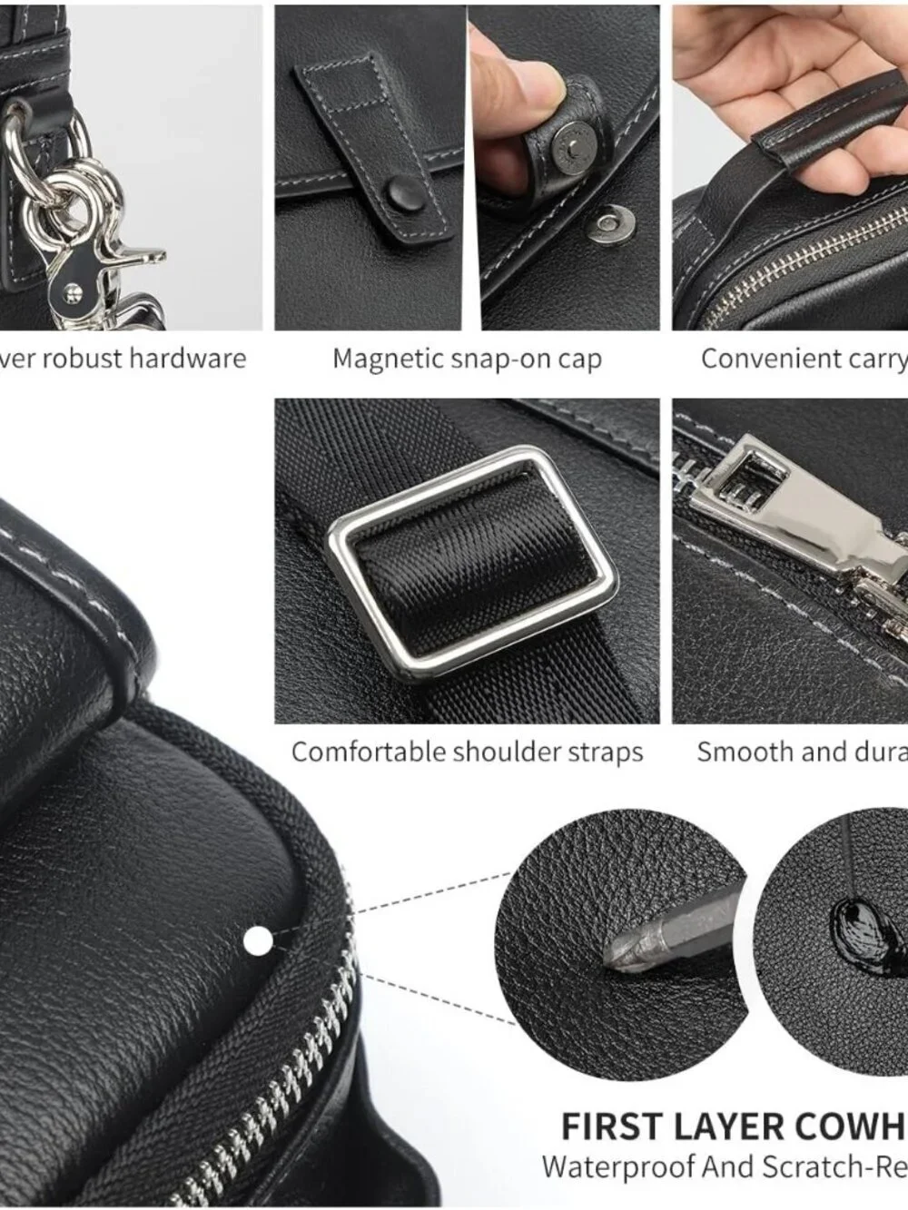 Men's Black Leather Shoulder Sling Travel Crossbody Stylish Magnetic Buckle Bag